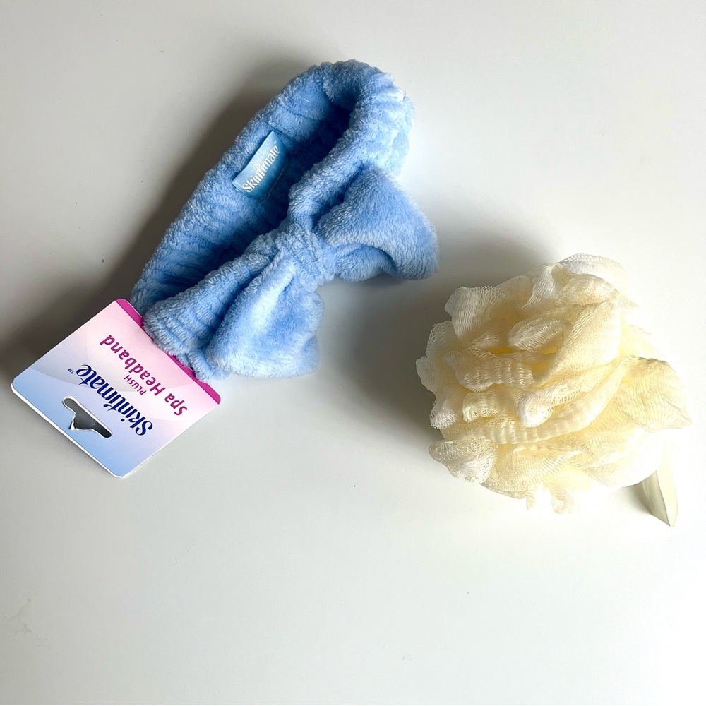 💜 BEAUTY BUNDLE, NWT Skintimate Blue Plush Spa Headband & Loofah Scrub